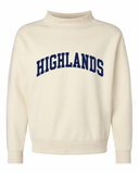 An off-white cream sweatshirt with 'HIGHLANDS' printed in navy blue varsity block letters across the chest, displayed on a clean white background.
